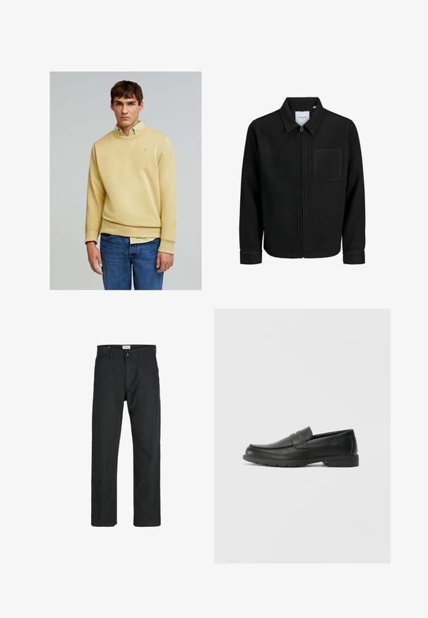 Giacca nera con zip, colletto e una tasca sul petto, mostrata su sfondo bianco.; Scalpers FADE - Felpa - mustard; Pantaloni neri realizzati in tessuto resistente, caratterizzati da un design a gamba dritta, dettagli cuciti e due tasche frontali per la funzionalità.; Mocassini neri in pelle con una finitura liscia, parte superiore in stile mocassino, dettagli cuciti e suola in gomma. Design classico con tacco basso.