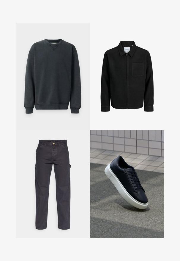 Melna jaka ar rāvējslēdzēju un apkakli, vienu krūšu kabatu, parādīta uz baltas fona.; Tumši pelēks džemperis ar apaļu kakla izgriezumu, garām piedurknēm, ribotām aprocēm un gludu tekstūru. Kakla izgriezumā ir maza V formāta šuvju detaļa.; Tumši pelēki kravas bikses, kas izgatavotas no izturīga auduma, ar taisnu piegriezumu, piecām kabatām un pogu aizdari viduklī.; Melnas ādas kedas ar noapaļotu pirkstu un baltu gumijas zoli. Iespējas - plakanas šņorītes un minimāla apdare augšdaļā. Struktūrēta zole, lai nodrošinātu saķeri.