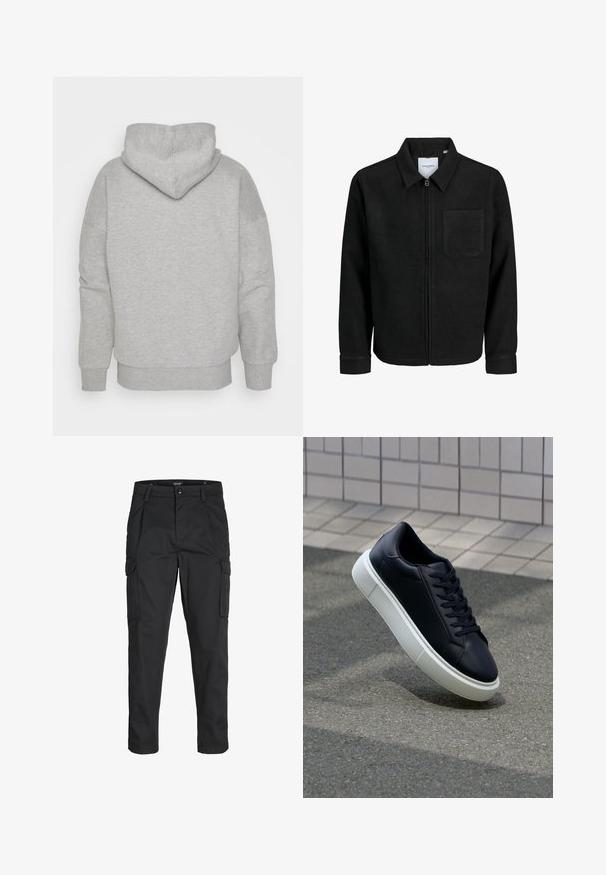 Schwarze Zip-Jacke mit Kragen und einer einzelnen Brusttasche, auf weißem Hintergrund präsentiert.; Grauer Hoodie mit einer enganliegenden Kapuze, weiten Ärmeln und geripptem Saum. Weicher, strukturierter Stoff ohne sichtbare Muster oder Hardware-Details.; Schwarze Cargo-Hose aus robustem Material, mit mehreren Taschen, einem Knopfverschluss und einem Slim-Fit-Design mit schmal zulaufenden Beinen.; Schwarze Leder-Sneaker mit runder Zehenpartie und weißer Gummisohle. Verfügt über flache Schnürsenkel und minimale Nähte im Obermaterial. Strukturiertes Sohlenprofil für besseren Halt.