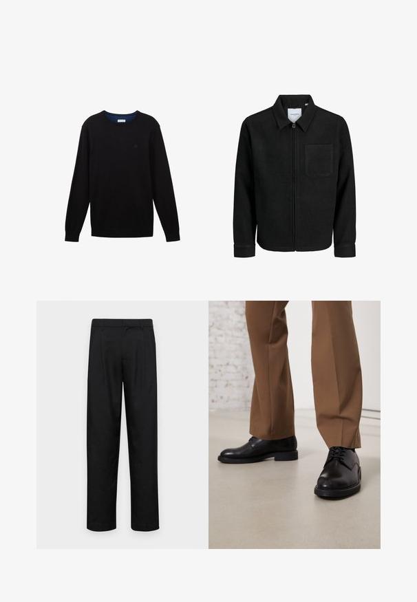 Sort lynlåsjakke med krave og en enkelt brystlomme, vist på hvid baggrund.; Sort strikket sweater med lange ærmer, ribbet krave, manchetter og kant. Har et diskret logo på brystet og en blå indvendig hals.; Sorte bukser lavet af glat stof, med et lige ben-design, to frontfolder og en standard talje med bæltestropper.; Sorte læder sko med glat overflade og rund tå, der har snørebåndslukning og en lav, flad sål. Sammen med brune bukser.