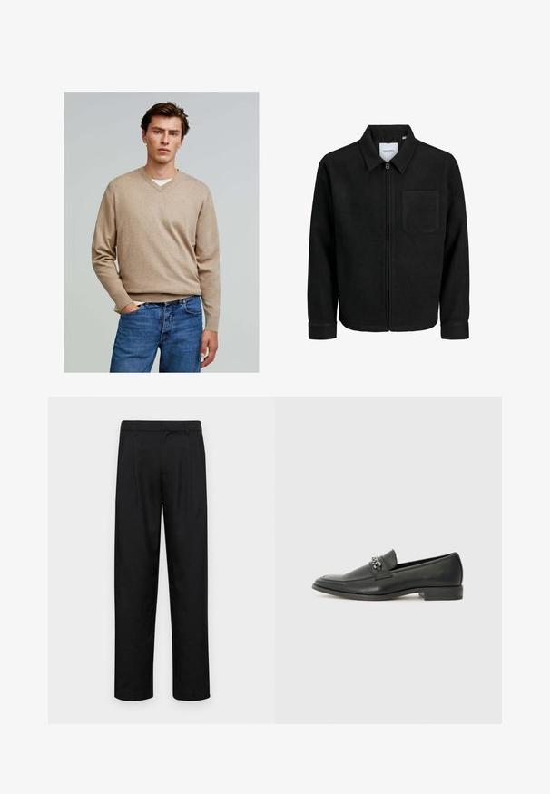 Black zip-up jacket with collar and single chest pocket, displayed on white background.; Scalpers V NECK - Jumper - taupe; Black trousers made of smooth fabric, featuring a straight-leg design, two front pleats, and standard waistband with belt loops.; Black leather loafer with a smooth finish, featuring a stitched design and a decorative metal chain accent across the vamp. Flat heel.