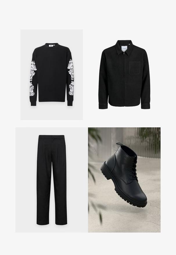 Črna jakna z zadrgo in ovratnikom ter enim žepom na prsih, prikazana na beli podlagi.; Črna rebrasta srajca s kapuco, ki ima bel tisk s grafičnimi obrazi ob levo rokavi. Klasičen ovratnik in dolgi rokavi.; Črne hlače iz gladkega materiala, s krojem ravne noge, dvema sprednjima pregiboma in standardnim pasom z zankami za pas.; Črne usnjene gležnjarje z zaobljenim nosom, s vezalkami in trdim gumijastim podplatom. Gladka tekstura z zanko na hrbtni strani.
