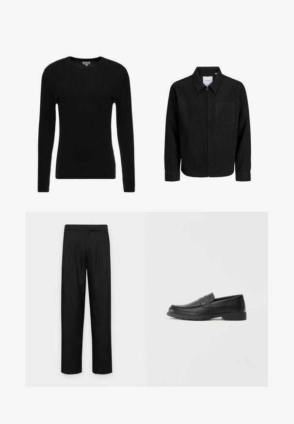 Čierna zipsová bunda s golierom a jednou náprsníkou, vystavená na bielom pozadí.; Čierny rebrovaný sveter s dlhým rukávom a okrúhlym výstrihom; textúrovaná látka s vertikálnymi prúžkami; priliehavý strih; bez viditeľných ozdôb alebo akcentov.; Čierne nohavice vyrobené z hladkej tkaniny, s rovnými nohavicami, dvoma prednými skladmi a štandardným pásom s pútkami na opasok.; Čierne kožené mokasíny s hladkým povrchom, vrchnou časťou v štýle mokasín, prešitým detailom a gumovou podrážkou. Klasický dizajn s nízkym podpätkom.