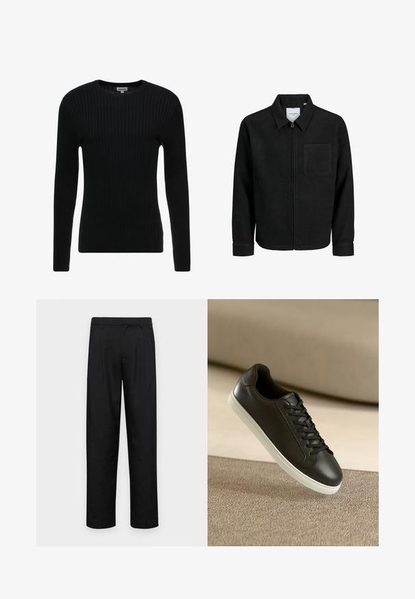 Black zip-up jacket with collar and single chest pocket, displayed on white background.; Black ribbed long-sleeve sweater with a crew neck; textured fabric features vertical lines; fitted silhouette; no visible embellishments or accents.; Black trousers made of smooth fabric, featuring a straight-leg design, two front pleats, and standard waistband with belt loops.; Black leather sneaker with white rubber sole and black laces, positioned against a beige fabric surface and background.