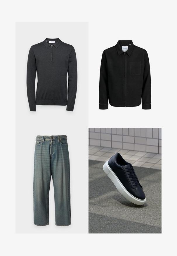 Fekete, zipzáros dzseki gallérral és egyetlen mellzsebbel, fehér háttéren.; Sötét szürke pulóver, cipzáros gallérral, puha anyagból készült. Hosszú ujjaival és bordázott szegélyével, illetve mandzsettáival karcsú megjelenést biztosít.; Világoskék farmernadrág, laza fazonnal, közepes derékbőséggel és egyenes szárral. Öt zsebet, övbucskát és gombos záródást tartalmaz.; Fekete bőr sportcipő lekerekített orral és fehér gumitalppal. Lapos fűzőkkel és minimális varrásokkal rendelkezik a felsőrészén. Mintás talp a tapadásért.