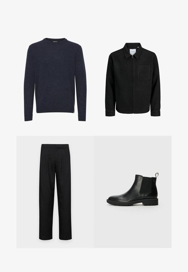 Fekete, zipzáros dzseki gallérral és egyetlen mellzsebbel, fehér háttéren.; Sötétkék pulóver puha, texturált anyagból. Kerek nyakkivágása, hosszú ujja és bordázott mandzsettái és alsó szegélye van. Egyszerű dizájn.; Fekete nadrág sima anyagból, egyenes szárú fazonnal, két elülső redővel és közönséges derékkal, övhurkokkal.; Jack & Jones JFWHOSKINS - Klasszikus bokacsizmák - anthracite