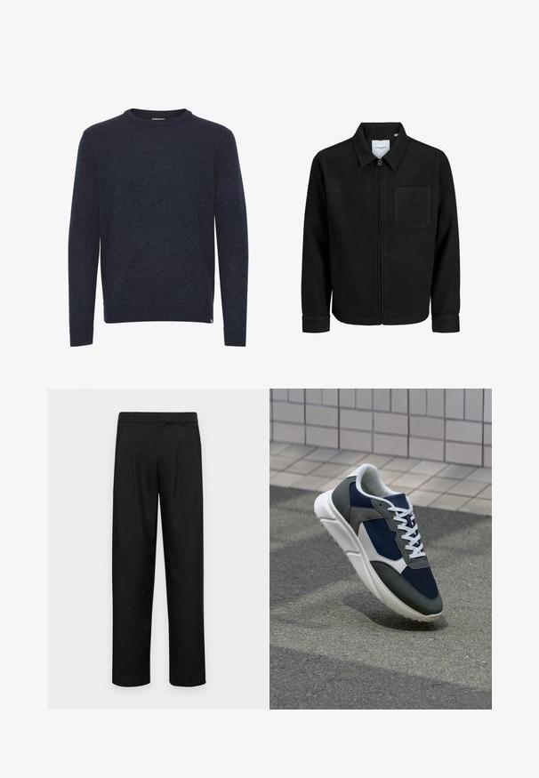 Jachetă neagră cu fermoar, cu guler și un singur buzunar pe piept, expusă pe fundal alb.; Pulover de culoare albastru închis, realizat dintr-un material moale și texturat. Are un guler tip crew, mâneci lungi și manșete și tiv ribben. Design simplu.; Pantaloni negri dintr-un material neted, cu un design drept, două pliuri frontale și un tiv standard cu bucle pentru curea.; Adidași cu un uppers din plasă albastră închisă, accente din suede gri, talpă din cauciuc alb și șireturi plate albe, concepuți pentru confort și respirabilitate.