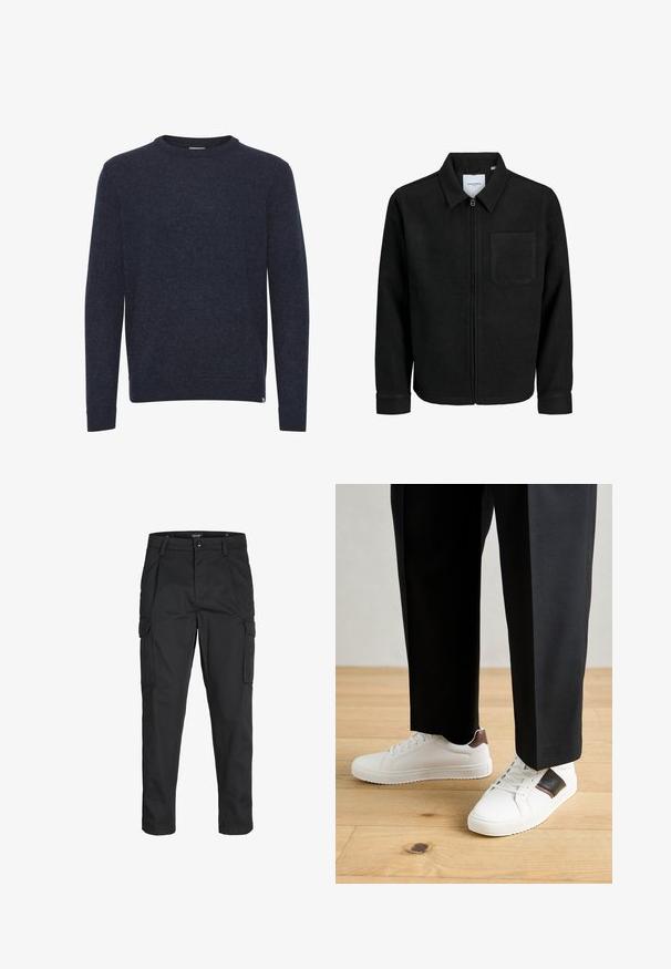 Fekete, zipzáros dzseki gallérral és egyetlen mellzsebbel, fehér háttéren.; Sötétkék pulóver puha, texturált anyagból. Kerek nyakkivágása, hosszú ujja és bordázott mandzsettái és alsó szegélye van. Egyszerű dizájn.; Fekete cargo nadrág, amely tartós anyagból készült, több zsebet tartalmaz, gombos záródással rendelkezik, és karcsú szabású, szűkített lábakkal bír.; Fehér sneaker, sima textúrával, barna bőr díszítéssel és fekete részletekkel, fekete szabott nadrággal párosítva. Fából készült padló háttér.