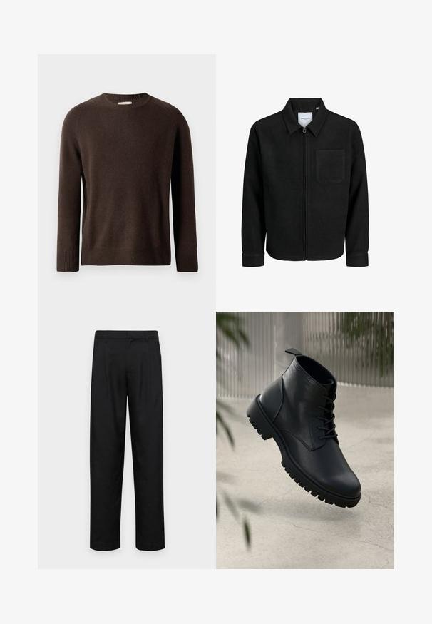 Jachetă neagră cu fermoar, cu guler și un singur buzunar pe piept, expusă pe fundal alb.; Pulover lung cu mânecă lungă de culoare maro, cu guler rotund și manșete și tiv cu elastic, expus pe un fundal simplu și deschis.; Pantaloni negri dintr-un material neted, cu un design drept, două pliuri frontale și un tiv standard cu bucle pentru curea.; Botine din piele neagră până la gleznă, cu vârf rotund, design cu şireturi şi talpă din cauciuc robustă. Textură netedă cu o bandă de prindere în spate.