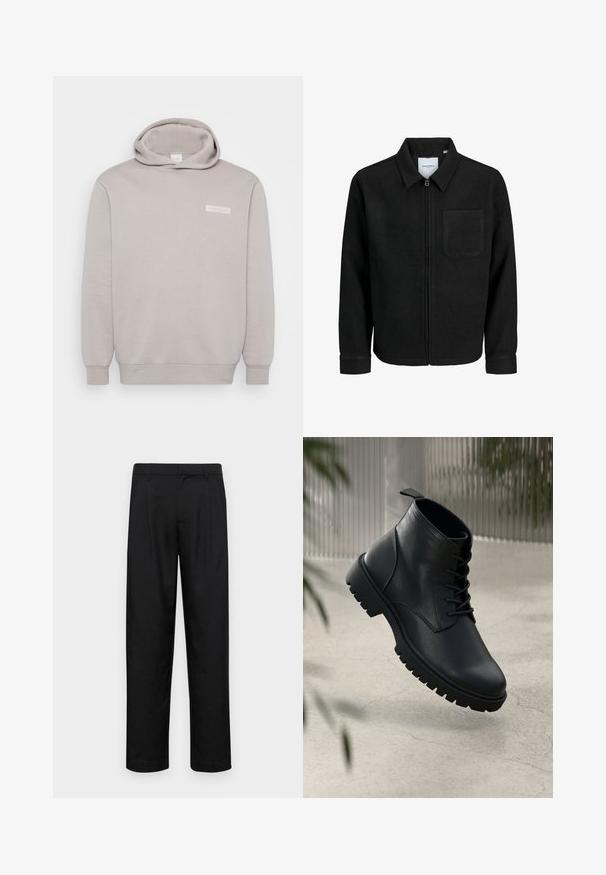 Mustaga lukuga jakker, millel on krae ja üks rinna-tasku, esitatud valgel taustal.; Helehall müts, mis on valmistatud pehmest puuvillasegistusest. Omab esikotti, soonikukäiseid ja väikest logo rinnal. Lihtne disain.; Mustad mustadest riietest, millel on sirge jalgade disain, kaks eesmist voltimist ja tavaline vöökoht, millel on vöökohad.; Mustad mustad nahast ankle saapad, ümmarguse nina, nööbidest sulgemise ja robustse kummitald. Sile tekstuur ja tõmbetab tagaküljel.
