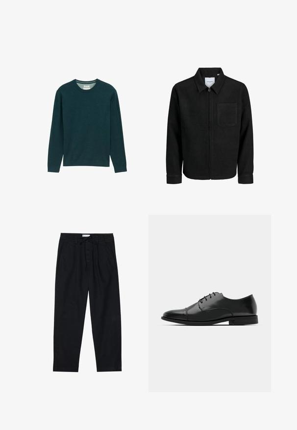 Jachetă neagră cu fermoar, cu guler și un singur buzunar pe piept, expusă pe fundal alb.; Sweatshirt lung cu mânecă lungă, de culoare verde închis, cu gât în stil rib și textură moale, dotat cu un detaliu subtil al logo-ului pe față. Model clasic.; Pier One Pantaloni chino - black; Pantofii negri din piele, cu vârful rotunjit, design cu șireturi, detalii de cusătură subtile și toc joasă. Textura netedă cu un finisaj lustruit.