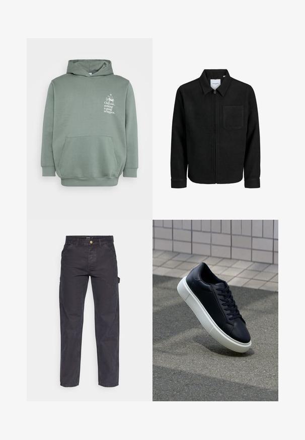 Jachetă neagră cu fermoar, cu guler și un singur buzunar pe piept, expusă pe fundal alb.; Hanorac verde deschis, fabricat dintr-un material moale. Are o buzunar frontal, un glugă cu șnur și un text imprimat cu un design grafic pe piept.; Pantaloni cargo gri închis, confecționați dintr-un material durabil, cu croială dreaptă, cinci buzunare și închidere cu nasture la talie.; Tenis cu piele neagră, cu vârful rotund și talpă din cauciuc alb. Are șireturi plate și cusături minime pe suprafață. Tălpile texturate oferă aderență.