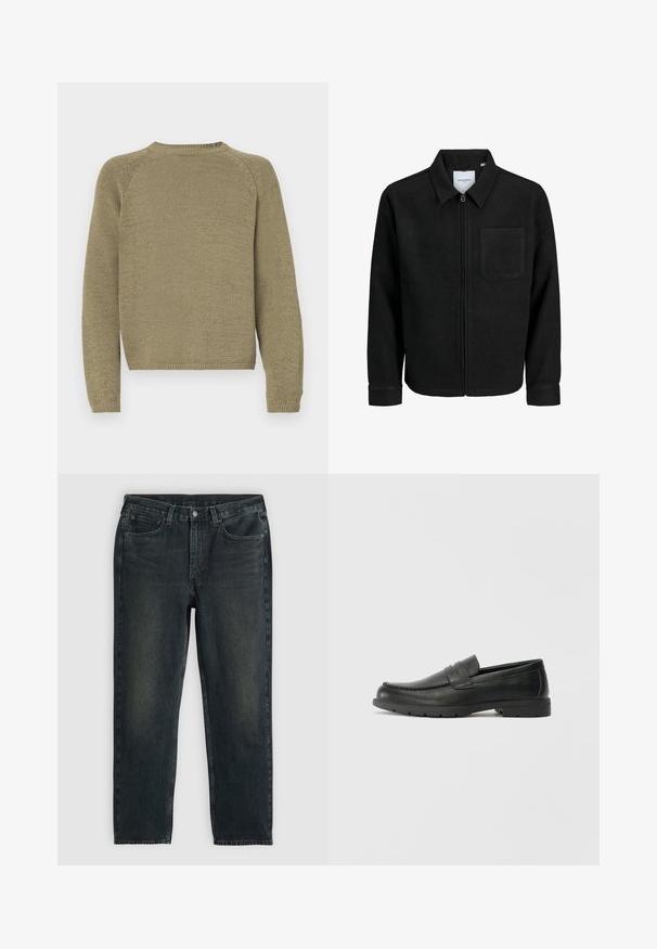 Black zip-up jacket with collar and single chest pocket, displayed on white background.; Olive green sweater with a textured knit design, raglan sleeves, and a round neckline. Hem and cuffs are ribbed.; Dark blue denim jeans with a straight-leg cut, featuring five pockets, a zip fly, and contrasting stitching. Subtle fading on the fabric.; Black leather loafers with a smooth finish, moccasin-style upper, stitched detailing, and a rubber sole. Classic design with a low heel.