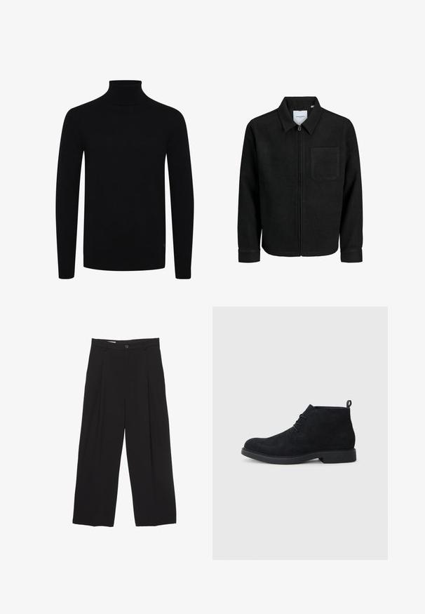 Giacca nera con zip, colletto e una tasca sul petto, mostrata su sfondo bianco.; Maglione a collo alto nero, con maniche lunghe, colletto e orlo a costine, realizzato in un morbido tessuto a maglia, presenta un logo discreto sul lato inferiore.; Pantaloni neri a gamba larga realizzati in tessuto morbido, con vita piatta, pinces frontali e chiusura con un bottone.; Stivaletti neri in suede sopra la caviglia con punta arrotondata, design alla allacciatura e suola in gomma testurizzata. Presentano una piccola linguetta sul retro.