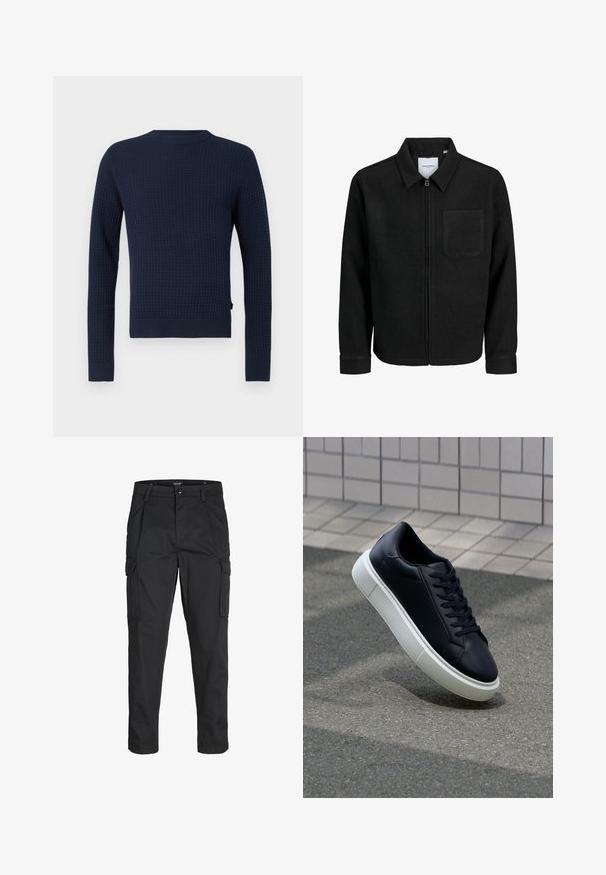 Jachetă neagră cu fermoar, cu guler și un singur buzunar pe piept, expusă pe fundal alb.; Pulover tricotat de culoare bleumarin, cu un model texturat, mâneci lungi, gât rotund și manșete și margine ribbate. Prezintă un logo subtil pe lateral.; Pantaloni cargo negri dintr-un material rezistent, cu multiple buzunare, închidere cu nasture și un design slim fit cu picioare conice.; Tenis cu piele neagră, cu vârful rotund și talpă din cauciuc alb. Are șireturi plate și cusături minime pe suprafață. Tălpile texturate oferă aderență.