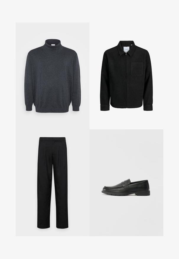 Sort lynlåsjakke med krave og en enkelt brystlomme, vist på hvid baggrund.; Jack & Jones JJEBASIC ROLL NECK - Striktrøje - dark grey melange; Sorte bukser lavet af glat stof, med et lige ben-design, to frontfolder og en standard talje med bæltestropper.; Sorte læderslippers med en glat finish, mokkasin-stil overdel, syninger og gummisål. Klassisk design med en lav hæl.