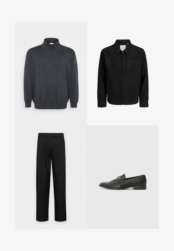 Veste zippée noire avec col et poche poitrine unique, présentée sur fond blanc.; Jack & Jones JJEBASIC ROLL NECK - Pullover - dark grey melange; Pantalons noirs en tissu lisse, avec une coupe droite, deux plis avant et une taille standard avec passants de ceinture.; Mocassin en cuir noir avec une finition lisse, présentant un design cousu et une accent décoratif en chaîne métallique sur le rand. Talon plat.