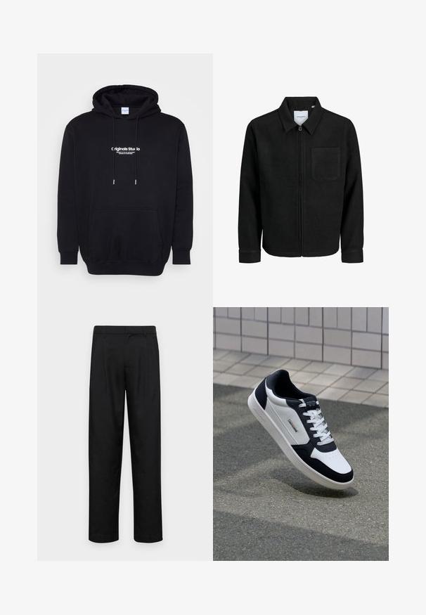 Črna jakna z zadrgo in ovratnikom ter enim žepom na prsih, prikazana na beli podlagi.; Črna kapuca majica iz mehkega materiala, z sprednjim žepom in drzno belim logotipom na prsih. Redna prileganje z vrvicami.; Črne hlače iz gladkega materiala, s krojem ravne noge, dvema sprednjima pregiboma in standardnim pasom z zankami za pas.; Bela in mornarsko modra usnjena teniska obutev z teksturiranim podplatom, veznim dizajnom in oznako blagovne znamke. Vsebuje perforirano območje prstov in oblazinjen ovratnik.