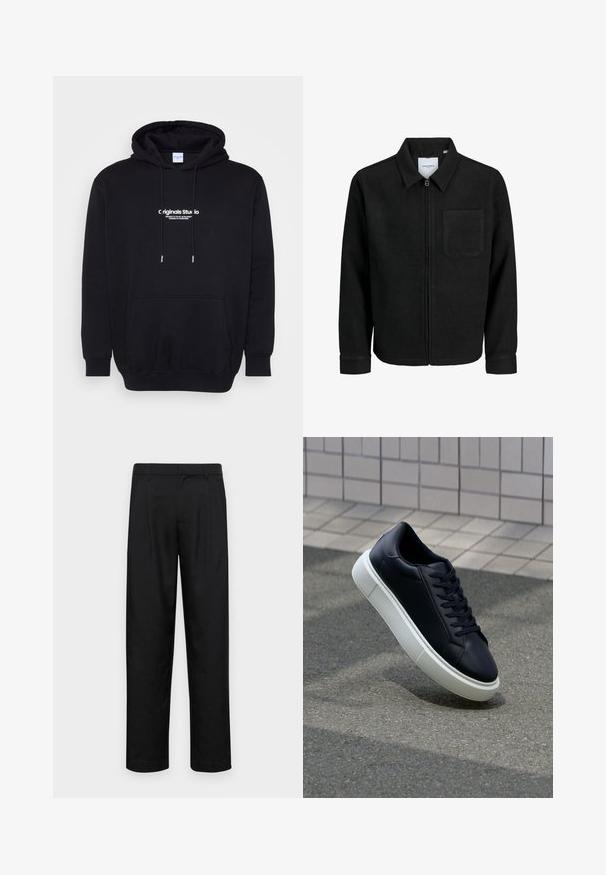 Schwarze Zip-Jacke mit Kragen und einer einzelnen Brusttasche, auf weißem Hintergrund präsentiert.; Schwarzer Kapuzenpulli aus weichem Stoff, mit einer Vordertasche und kräftigem weißen Logotext auf der Brust. Normale Passform mit Kordelzügen.; Schwarze Hose aus glattem Stoff, mit geradem Bein Design, zwei vorderen Falten und einem Standardbund mit Gürtelschlaufen.; Schwarze Leder-Sneaker mit runder Zehenpartie und weißer Gummisohle. Verfügt über flache Schnürsenkel und minimale Nähte im Obermaterial. Strukturiertes Sohlenprofil für besseren Halt.