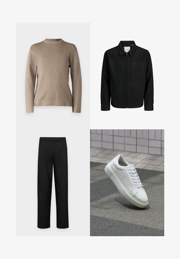 Zwarte zip-up jas met kraag en enkele borstzak, weergegeven op een witte achtergrond.; Beige trui met een ronde hals, lange mouwen, geribde manchetten en een zachte, textuurachtige stof. Heeft een eenvoudig ontwerp en een relaxte pasvorm.; Zwarte broeken van gladde stof, met een recht model, twee voorknikken en een standaard tailleband met riemlussen.; Witte leren sneaker met een glad oppervlak, ronde neus en platte witte veters. Voorzien van een gestructureerde rubberen zool en minimale ontwerpelementen.