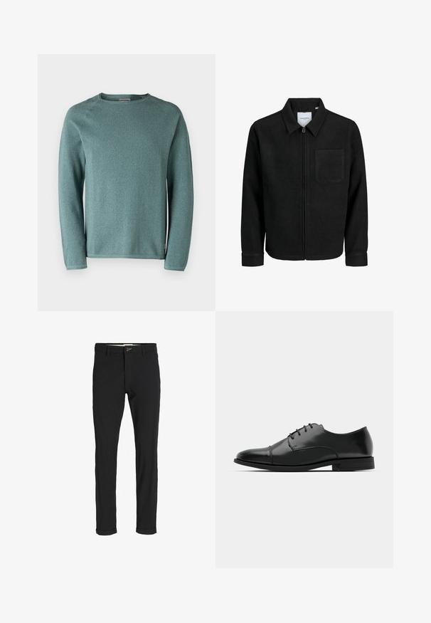 Zwarte zip-up jas met kraag en enkele borstzak, weergegeven op een witte achtergrond.; Jack & Jones JJEHILL CREW NECK - Trui - goblin blue; Zwarte katoenen broek van een katoenmix met een slim fit, voorzien van een knoopsluiting, zakken en opgerolde mouwen voor een casual afwerking.; Zwarte leren dresschoenen met een ronde neus, vetersluiting, subtiele stiksels en een lage hak. Glad oppervlak met gepolijste afwerking.