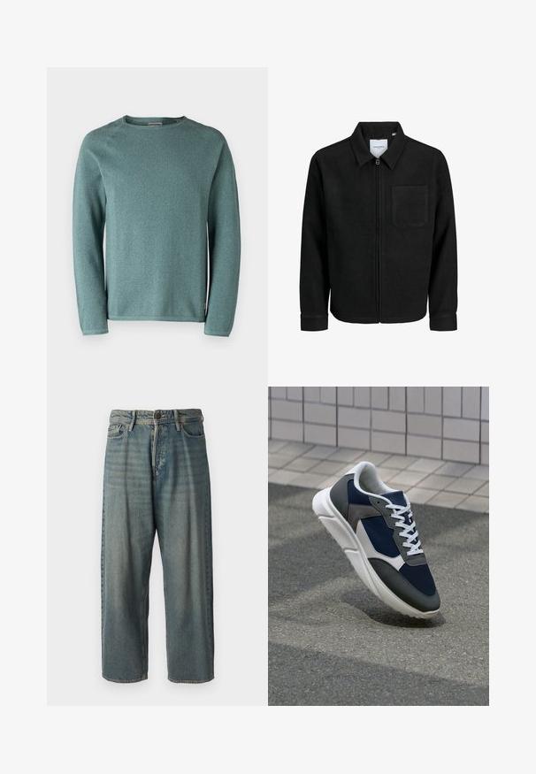 Črna jakna z zadrgo in ovratnikom ter enim žepom na prsih, prikazana na beli podlagi.; Jack & Jones JJEHILL CREW NECK - Pulover - goblin blue; Svetlomoderne kavbojke z ohlapnim krojem, srednjim pasom in ravnimi nogami. Imajo pet žepov, zanke za pas in zapiranje na gumb.; Superge z zgornjim delom iz mrežaste tkanine v mornarsko modri barvi, sivi usnjeni poudarki, belo gumijasto podplato in ravnimi belimi vezalkami, zasnovane za udobje in zračnost.
