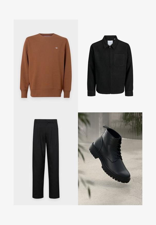 Black zip-up jacket with collar and single chest pocket, displayed on white background.; Brown crewneck sweatshirt in soft material, with long sleeves and a small embroidered logo on the chest. Ribbed cuffs and hem.; Black trousers made of smooth fabric, featuring a straight-leg design, two front pleats, and standard waistband with belt loops.; Black leather ankle boots with a rounded toe, lace-up design, and rugged rubber sole. Smooth texture with a pull tab at the back.