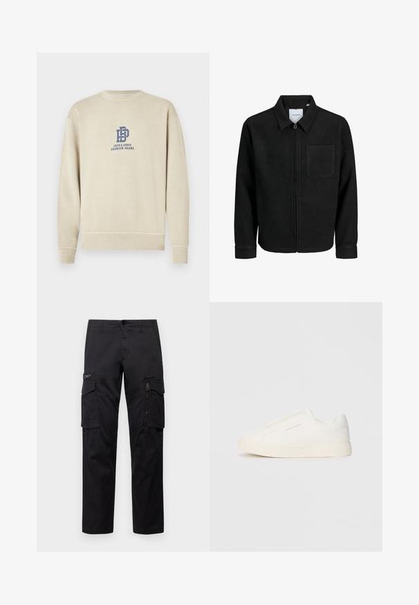 Zwarte zip-up jas met kraag en enkele borstzak, weergegeven op een witte achtergrond.; Beige sweatshirt van katoen, met een ronde hals, geribbelde manchetten en zoom, met een blauw logo op de borst.; Zwarte cargobroek met meerdere zakken, een ritszak op de dij, rechte pasvorm en stevige katoen met een subtiele glans.; Witte instap sneakers met een gestructureerd oppervlak, een dikke zool en een minimalistisch ontwerp. Bevat het merklogo aan de zijkant.