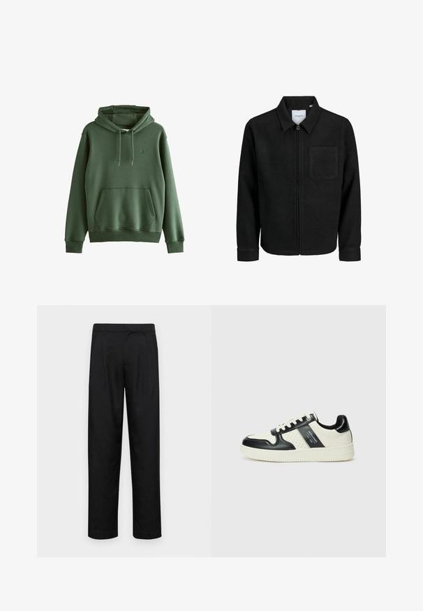 Giacca nera con zip, colletto e una tasca sul petto, mostrata su sfondo bianco.; Felpa verde in cotone con tasca frontale, cappuccio regolabile con cordoncino, polsini a coste e un piccolo logo. Tessuto morbido, design casual.; Pantaloni neri realizzati in tessuto liscio, caratterizzati da un taglio dritto, due pieghe frontali e una vita standard con passanti per la cintura.; Sneakers in pelle con una combinazione di colori nero e crema, dotati di dettagli perforati, collare imbottito e suola testurizzata.