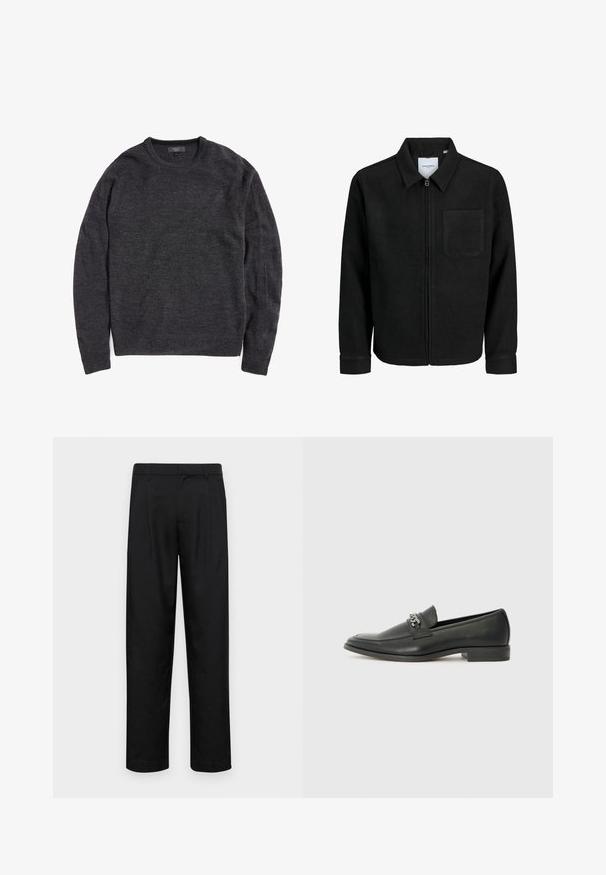 Schwarze Zip-Jacke mit Kragen und einer einzelnen Brusttasche, auf weißem Hintergrund präsentiert.; Dunkelgrauer Strickpullover mit Rundhals, langen Ärmeln und gerippten Bündchen und Saum. Weiche Textur, minimalistisches Design ohne erkennbare Muster oder Akzente.; Schwarze Hose aus glattem Stoff, mit geradem Bein Design, zwei vorderen Falten und einem Standardbund mit Gürtelschlaufen.; Schwarzer Lederloafer mit glatter Oberfläche, ausgestattet mit einer gesteppten Gestaltung und einem dekorativen Metallkettendetail über dem Vorderblatt. Flacher Absatz.