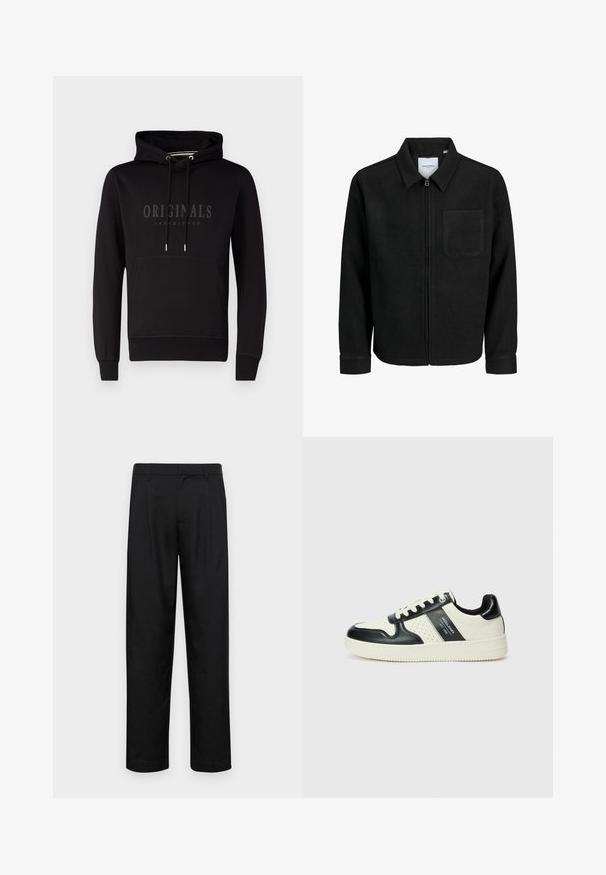 Giacca nera con zip, colletto e una tasca sul petto, mostrata su sfondo bianco.; Felpa nera con tasca a marsupio, cappuccio con cordoncino e logo in rilievo "ORIGINALS JACK & JONES" sul davanti. Materiale in cotone misto.; Pantaloni neri realizzati in tessuto liscio, caratterizzati da un taglio dritto, due pieghe frontali e una vita standard con passanti per la cintura.; Sneakers in pelle con una combinazione di colori nero e crema, dotati di dettagli perforati, collare imbottito e suola testurizzata.