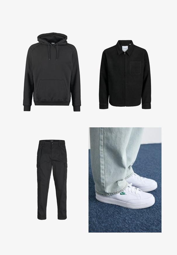Jachetă neagră cu fermoar, cu guler și un singur buzunar pe piept, expusă pe fundal alb.; Hanorac negru cu glugă dintr-un material moale, având un buzunar tip kangur și manșete cu nervuri, precum și șnururi ajustabile la glugă.; Pantaloni cargo negri dintr-un material rezistent, cu multiple buzunare, închidere cu nasture și un design slim fit cu picioare conice.; Adidași din piele albă cu logo-ul Nike verde, vârf rotund, talpă plată, asortați cu pantaloni din denim bleu deschis, prezentați pe un covor albastru.