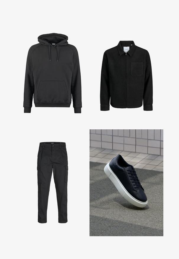 Fekete, zipzáros dzseki gallérral és egyetlen mellzsebbel, fehér háttéren.; Fekete kapucnis pulóver puha szövetből, kanguru zsebbel, bordázott mandzsettával és állítható húzózsinórral a kapucnin.; Fekete cargo nadrág, amely tartós anyagból készült, több zsebet tartalmaz, gombos záródással rendelkezik, és karcsú szabású, szűkített lábakkal bír.; Fekete bőr sportcipő lekerekített orral és fehér gumitalppal. Lapos fűzőkkel és minimális varrásokkal rendelkezik a felsőrészén. Mintás talp a tapadásért.