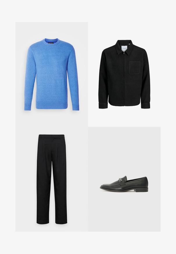 Jachetă neagră cu fermoar, cu guler și un singur buzunar pe piept, expusă pe fundal alb.; Pulover tricotat albastru cu mâneci lungi, guler rotund, manșete și tiv cu tiv. Textură moale, culoare uniformă, etichetat la gulerul interior.; Pantaloni negri dintr-un material neted, cu un design drept, două pliuri frontale și un tiv standard cu bucle pentru curea.; Pantofii negri din piele cu un finisaj neted, având un design cusut și un accent decorativ de lanț metalic peste partea de sus. Toc plat.