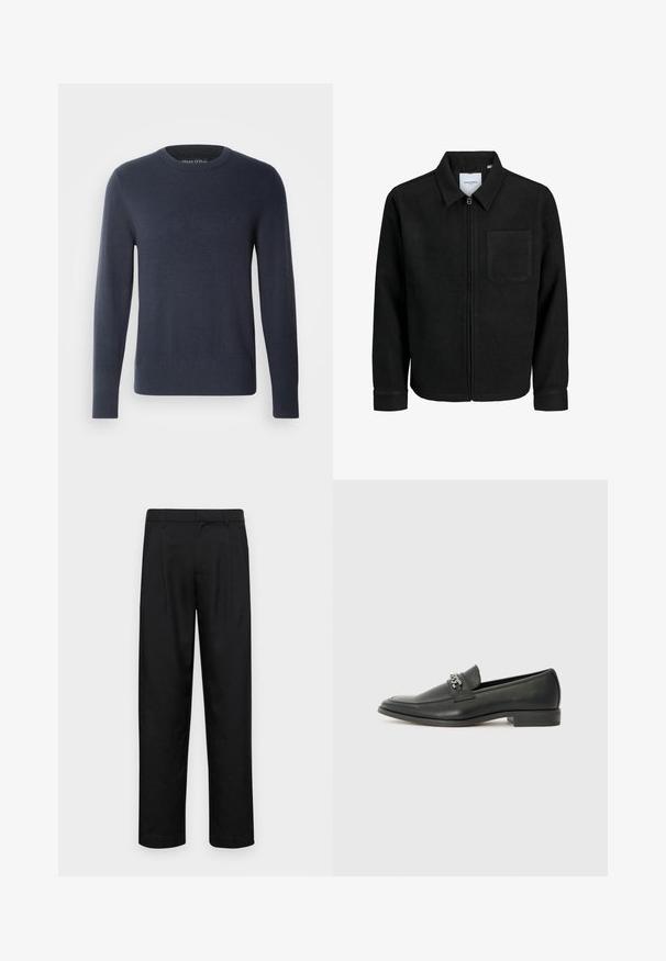 Juodas džemperis su užtrauktuku, apykakle ir vienu krūtiniu kišenėje, pristatytas baltame fone.; Tamsiai mėlynas megztinis pagamintas iš minkštos mezgimo medžiagos. Apvalus iškirpimas, ilgomis rankovėmis, raštuoti rankogaliai ir apatinė dalis, iškilus logotipas ant krūtinės.; Juodi kelnių modeliai, pagaminti iš lygios medžiagos, turi tiesią kojas, du priekiniai klostės ir standartinę juosmenį su diržo kilpomis.; Juodos odinės loafer tipo bateliai su lygiu paviršiumi, turintys siuvinėtą dizainą ir dekoratyvų metalo grandinėlės akcentą ant batų viršaus. Plokščias kulnas.