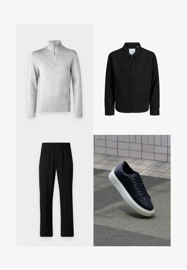 Schwarze Zip-Jacke mit Kragen und einer einzelnen Brusttasche, auf weißem Hintergrund präsentiert.; Jack & Jones PREMIUM JPRBLAMILANO HALF ZIP - Strickpullover - light grey melange; Schwarze, Gummibund-Hosen mit geradem Schnitt, die eine glatte Textur aufweisen und keine sichtbaren Muster oder Beschläge haben.; Schwarze Leder-Sneaker mit runder Zehenpartie und weißer Gummisohle. Verfügt über flache Schnürsenkel und minimale Nähte im Obermaterial. Strukturiertes Sohlenprofil für besseren Halt.