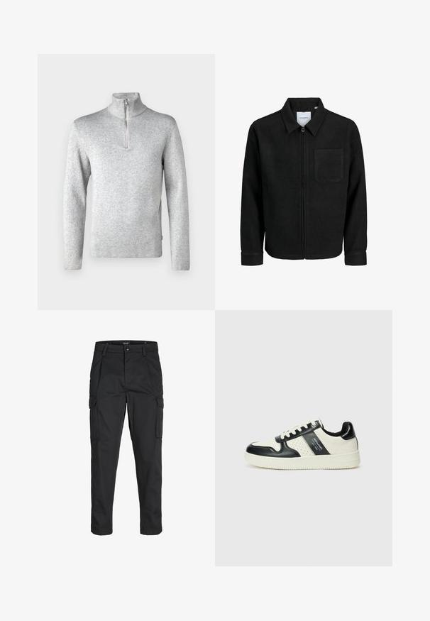 Črna jakna z zadrgo in ovratnikom ter enim žepom na prsih, prikazana na beli podlagi.; Jack & Jones PREMIUM JPRBLAMILANO HALF ZIP - Pulover - light grey melange; Črne cargo hlače iz trdnega blaga, ki imajo več žepov, gumbasto zapiranje in ozek kroj z zožanimi nogami.; Usnjeni športni čevlji z črno in krem barvno shemo, ki vključujejo perforirane dodatke, podložen ovratnik in strukturirano podplat.