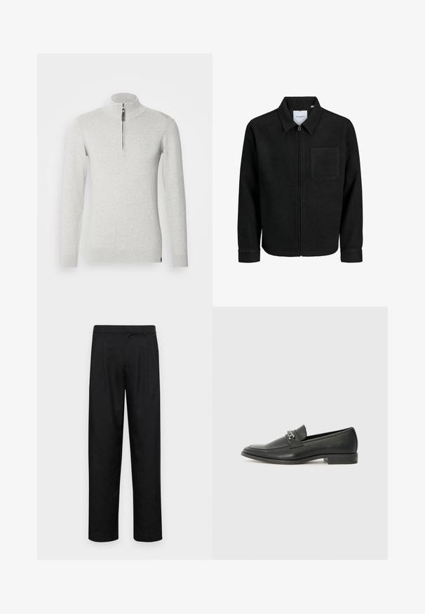 Schwarze Zip-Jacke mit Kragen und einer einzelnen Brusttasche, auf weißem Hintergrund präsentiert.; Hellgrauer Reißverschluss-Pullover aus weichem Stoff, mit Stehkragen und langen Ärmeln mit gerippten Bündchen und Saum.; Schwarze Hose aus glattem Stoff, mit geradem Bein Design, zwei vorderen Falten und einem Standardbund mit Gürtelschlaufen.; Schwarzer Lederloafer mit glatter Oberfläche, ausgestattet mit einer gesteppten Gestaltung und einem dekorativen Metallkettendetail über dem Vorderblatt. Flacher Absatz.