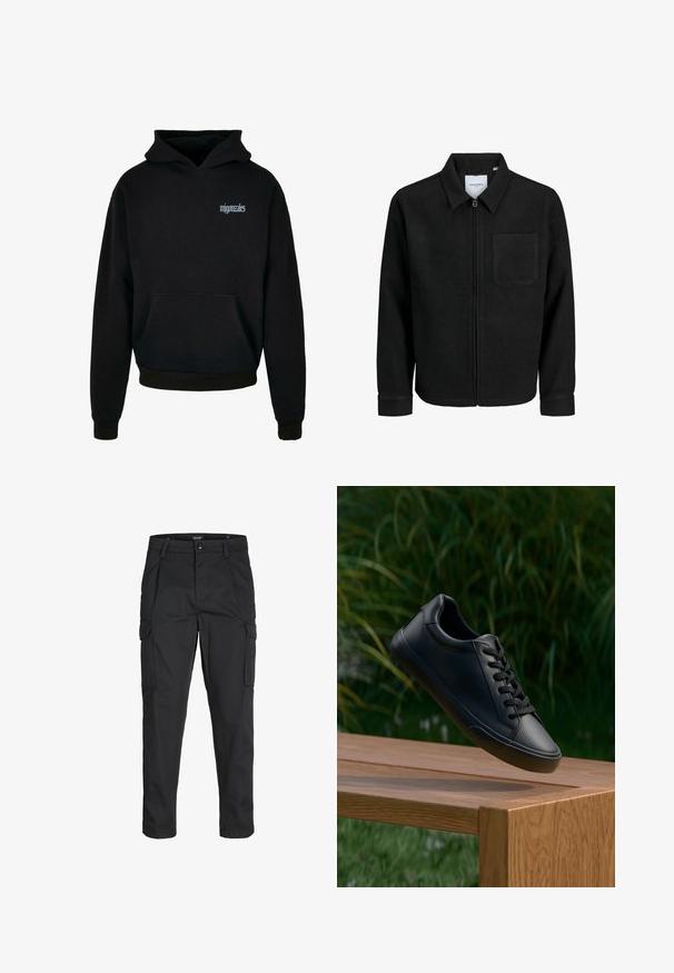 Fekete, zipzáros dzseki gallérral és egyetlen mellzsebbel, fehér háttéren.; Fekete kapucnis pulóver szőtt anyagból, elülső zsebbel. Húzózsinórral ellátott kapucni és világoskék hímzett "mjgonzales" logó jellemzi.; Fekete cargo nadrág, amely tartós anyagból készült, több zsebet tartalmaz, gombos záródással rendelkezik, és karcsú szabású, szűkített lábakkal bír.; Fekete bőr sneaker sima textúrával, kerek orral és lapos cipőfűzővel, egy fa felület felett helyezkedik el, a háttérben zöld fűvel.