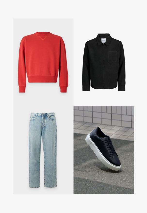 Mustaga lukuga jakker, millel on krae ja üks rinna-tasku, esitatud valgel taustal.; Punane dressipluus ümmarguse kaelusega ja pikkade varrukatega. Sile tekstuur, soonikkoes mansetid ja alumine äär, kaeluses oli peen V-kirja detail.; Hele sinine sirge jala denimpüksid, millel on nööp ja luku sulgemine, ees olevad taskud ning õrn kulunud detailitus.; Mustast nahast tennisetoss, millel on ümar nina ja valge kummist tall. Omab siredaid paelu ja minimaalset õmblemist ülemises osas. Tekstuuriga tald, mis tagab haakuvuse.