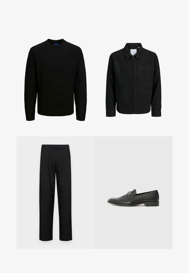 Čierna zipsová bunda s golierom a jednou náprsníkou, vystavená na bielom pozadí.; Čierny pletený sveter s okrúhlym výstrihom, dlhými rukávmi a rebrovanými detailmi na golieri a leme. Mäkkučký materiál, voľný strih.; Čierne nohavice vyrobené z hladkej tkaniny, s rovnými nohavicami, dvoma prednými skladmi a štandardným pásom s pútkami na opasok.; Čierne kožené loafers s hladkým povrchom, s prešitým dizajnom a dekoratívnym kovovým reťazovým akcentom cez priehlavok. Plochý podpätok.