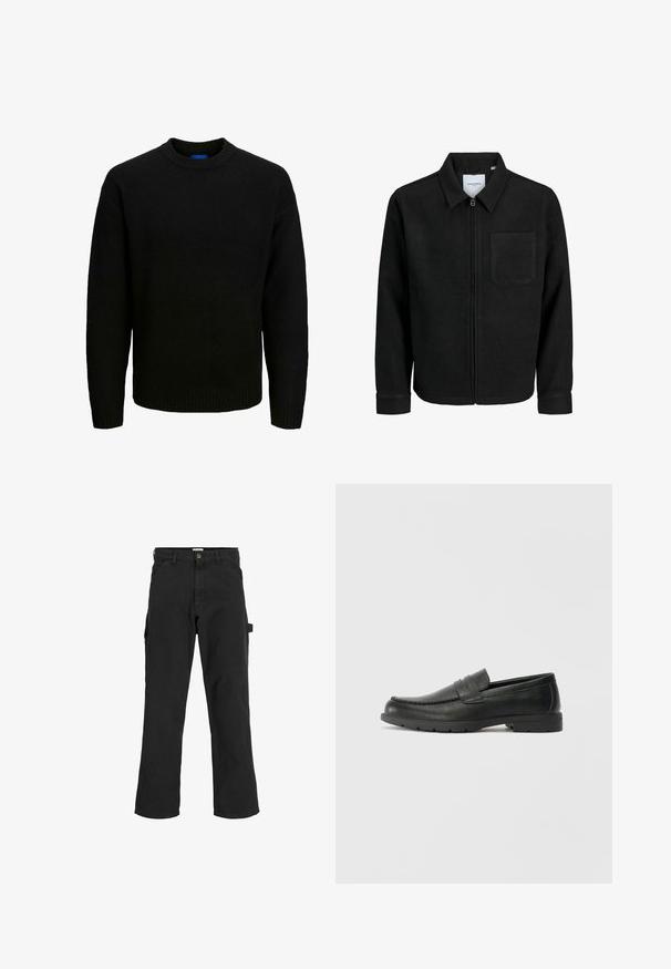 Mustaga lukuga jakker, millel on krae ja üks rinna-tasku, esitatud valgel taustal.; Mustmust mustriibulise kaelusega must kudum, pikad varrukad ja soonikkoes ääred kaeluses ja hemil. Pehme tekstuur, igapäevane lõige.; Mustad seljandavad püksid puuvilla ja sünteetilise segu kangast. Omavad laiu jalgu, ees kaldus taskuid ning külgtaskut, millel on tarvikute jaoks silmus.; Musthave nahkkingad siledast nahast, mokassiini stiilis ülevalt, tikanditega ja kummist tallaga. Klassikaline disain madala kontsaga.