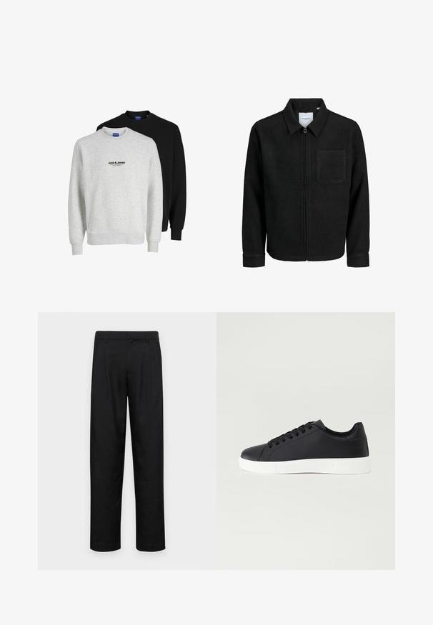 Mustaga lukuga jakker, millel on krae ja üks rinna-tasku, esitatud valgel taustal.; Kaks Jack & Jonesi sviitrit: üks heledat halli värvi logoga, teine must. Mõlemal on ümar kaelus ja soonikkoes mansetid.; Mustad mustadest riietest, millel on sirge jalgade disain, kaks eesmist voltimist ja tavaline vöökoht, millel on vöökohad.; Pier One Tossud - black