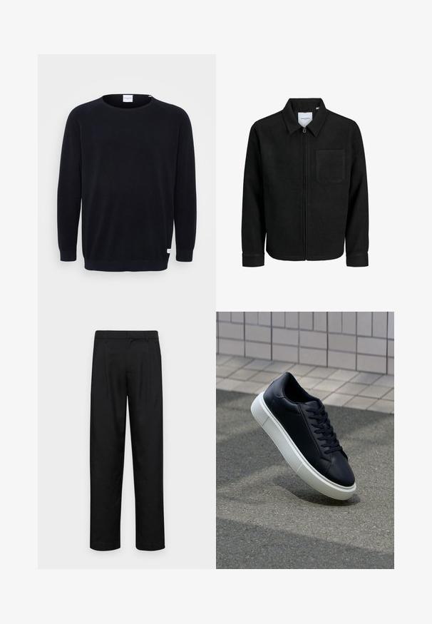 Juodas džemperis su užtrauktuku, apykakle ir vienu krūtiniu kišenėje, pristatytas baltame fone.; Juodas megztinis su apvaliu iškirpimu ir ilgomis raglano rankovėmis. Pasižymi raukšlėtomis rankogaliais ir apdaila, tekstūrine medžiaga bei maža etikete apdailoje.; Juodi kelnių modeliai, pagaminti iš lygios medžiagos, turi tiesią kojas, du priekiniai klostės ir standartinę juosmenį su diržo kilpomis.; Juodas odinis sportbačius su apvaliu pirštu ir baltu gumuotu padu. Turi plokščias raišteles ir minimalų siuvimą viršuje. Padangos tekstūra užtikrina sukibimą.