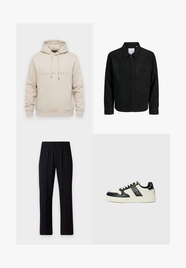 Veste zippée noire avec col et poche poitrine unique, présentée sur fond blanc.; Hoodie beige avec poche frontale, capuche à cordon de serrage, et "JACK & JONES" imprimé en petites lettres noires sur la poitrine.; Pantalons noirs à taille élastique avec une coupe droite, présentant une texture lisse et sans motifs ni éléments visibles.; Baskets en cuir avec un schéma de couleurs noir et crème, dotées d'accents perforés, d'un col rembourré et d'une semelle texturée.