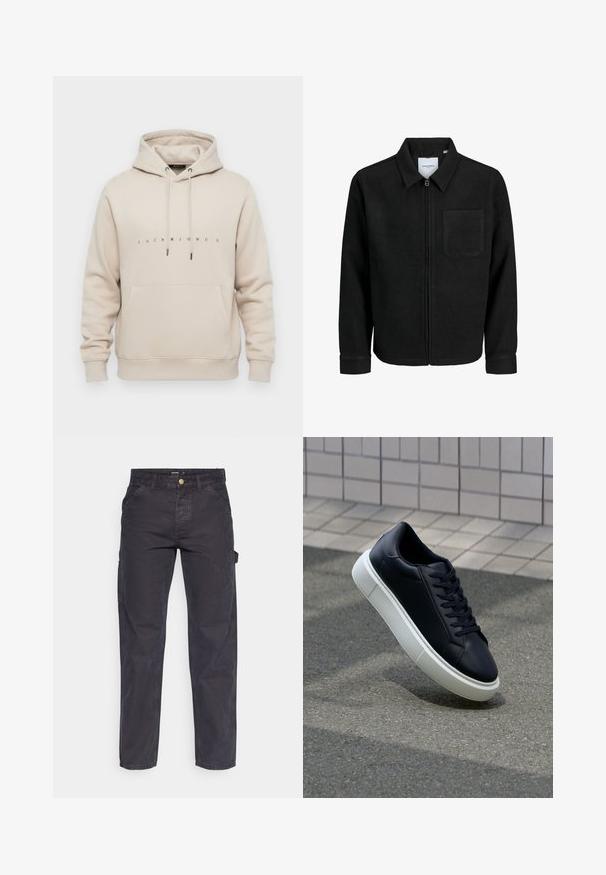 Zwarte zip-up jas met kraag en enkele borstzak, weergegeven op een witte achtergrond.; Beige hoodie met een voorzak, een trekkoordkap en "JACK & JONES" in kleine zwarte letters op de borst gedrukt.; Donkergrijze cargobroek van duurzaam materiaal, met een rechte pijp, vijf zakken en een knoopsluiting in de taille.; Zwarte leren sneaker met een ronde neus en een witte rubberen zool. Voorzien van platte veters en minimale stiksels op het bovenwerk. Textuurrijke zool voor grip.