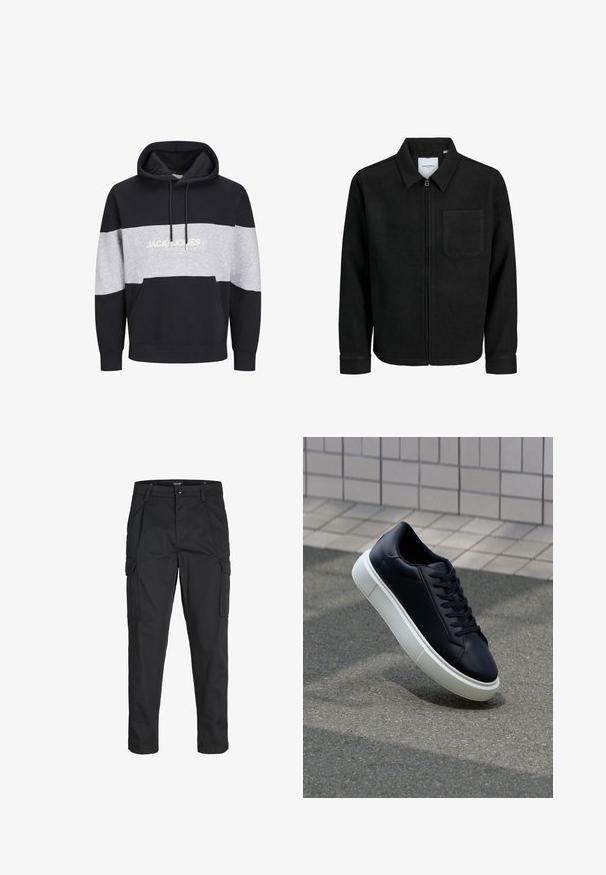 Giacca nera con zip, colletto e una tasca sul petto, mostrata su sfondo bianco.; Felpa a blocchi di colore navy e grigio in cotone, con tasca a marsupio e stampa del logo sul petto. Morbida al tatto e con polsini a coste.; Pantaloni cargo neri realizzati in un tessuto resistente, dotati di molteplici tasche, chiusura con bottone e un design aderente con gambe affusolate.; Sneaker in pelle nera con punta arrotondata e suola in gomma bianca. Presenta lacci piatti e cuciture minime sulla parte superiore. Suola testurizzata per una migliore aderenza.