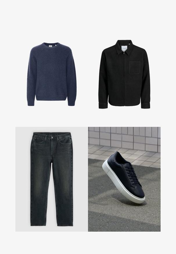 Juodas džemperis su užtrauktuku, apykakle ir vienu krūtiniu kišenėje, pristatytas baltame fone.; Tamsiai mėlynas megztinis su apvalia iškirpte, ilgomis rankovėmis ir raukšlėtu paviršiumi. Pagamintas iš švelnios ir jaukios medžiagos.; Tamsiai mėlynos džinsinės kelnės su tiesiu kirpimu, turinčios penkias kišenes, užtrauktuką ir kontrastingas siūles. Audinys šiek tiek nublukęs.; Juodas odinis sportbačius su apvaliu pirštu ir baltu gumuotu padu. Turi plokščias raišteles ir minimalų siuvimą viršuje. Padangos tekstūra užtikrina sukibimą.