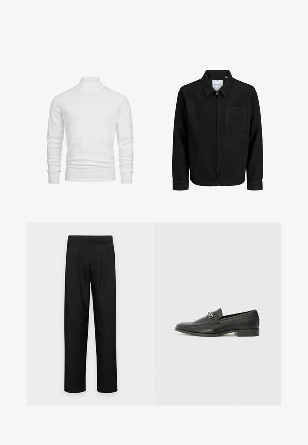 Svart zip-jacka med krage och en enda bröstficka, visad på vit bakgrund.; Vit polotröja med strukturerade horisontella ränder, ribbade ärmslut och fåll. Stickat tyg ger ett mjukt och mysigt intryck.; Svarta byxor i slät väv, med rak ben-design, två framfickor och standardmidja med bälteshällor.; Svart läderloafers med en slät yta, med en sydd design och en dekorativ metallkedjeaccent över västen. Platt häldesign.