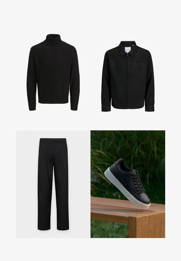 Jachetă neagră cu fermoar, cu guler și un singur buzunar pe piept, expusă pe fundal alb.; Pulover negru cu guler înalt, realizat dintr-un material tricotat texturat, având mâneci lungi și un guler și o margine cu model în relief. Fante laterale pentru confort în mișcare.; Pantaloni negri dintr-un material neted, cu un design drept, două pliuri frontale și un tiv standard cu bucle pentru curea.; Adidași din piele neagră cu o textură netedă, talpă din cauciuc alb și șase orificii pentru șireturi, expuși pe o suprafață din lemn.